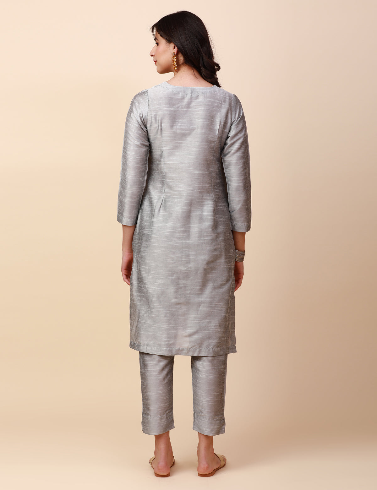 Plain Silk Kurta and Pant Set - Grey