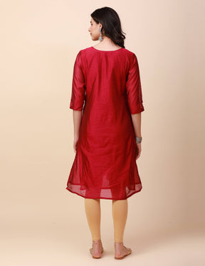 Chanderi Silk A-Line Kurta, Hand Embroidery and mirror work Radish Pink
