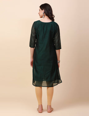 Chanderi Silk A-Line Kurta, Hand Embroidery and mirror work - Forest Green