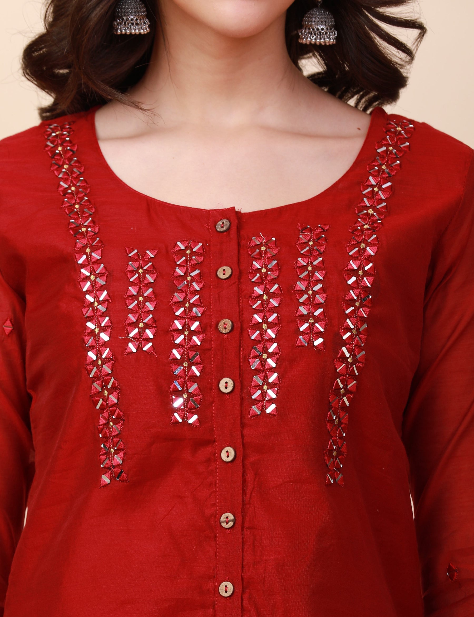 Chanderi Silk A-Line Kurta, Hand Embroidery and Mirror work - Red