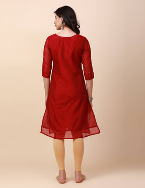 Chanderi Silk A-Line Kurta, Hand Embroidery and Mirror work - Red
