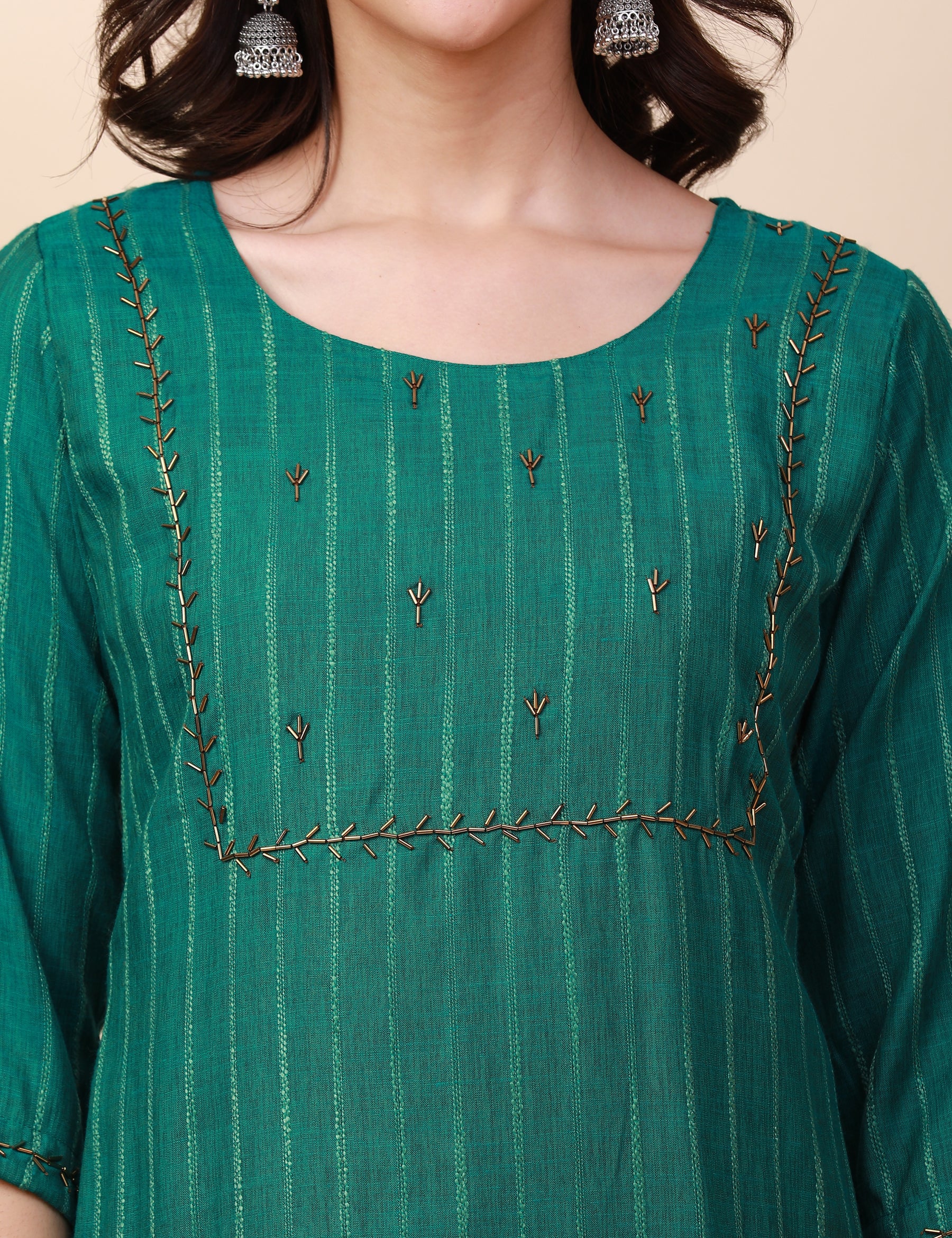 Chanderi Silk A-Line Kurta, Hand Embroidery and mirror work - Rama Green