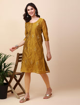 Chanderi Silk A-Line Kurta, Hand Embroidery and mirror work - Light Gold
