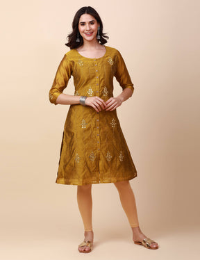 Chanderi Silk A-Line Kurta, Hand Embroidery and mirror work - Light Gold