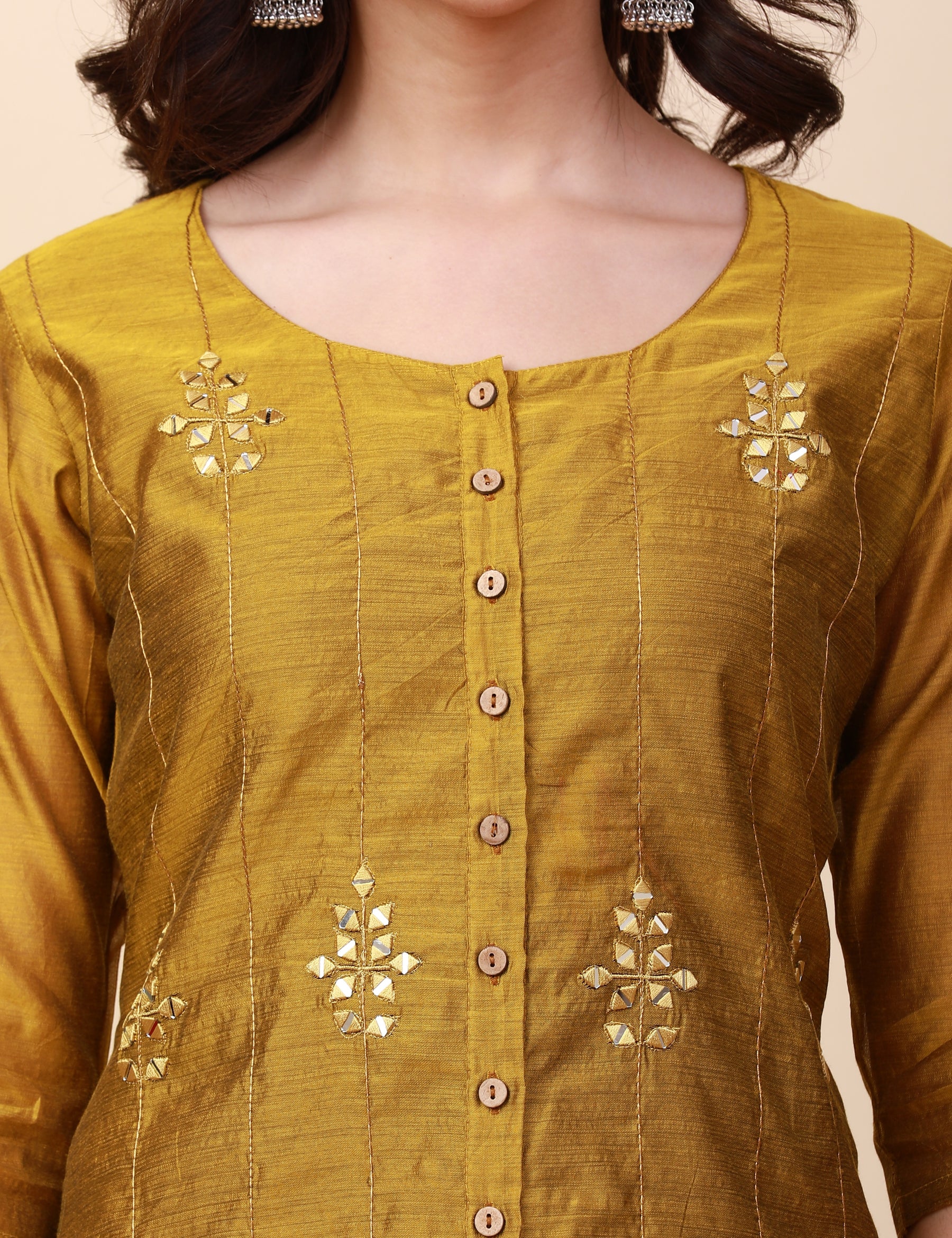 Chanderi Silk A-Line Kurta, Hand Embroidery and mirror work - Light Gold