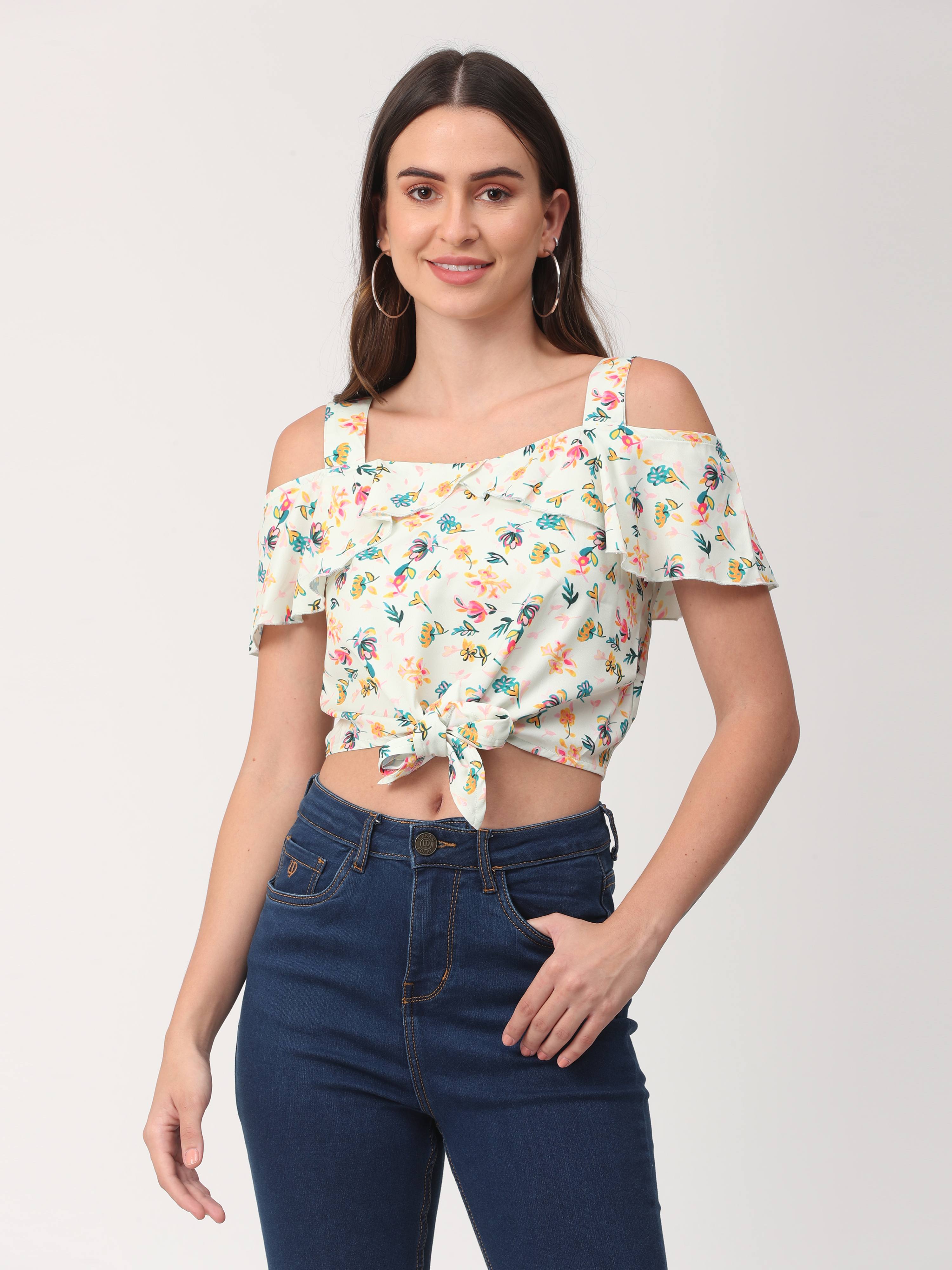 Strappy Ruffles Cold Shoulder Top