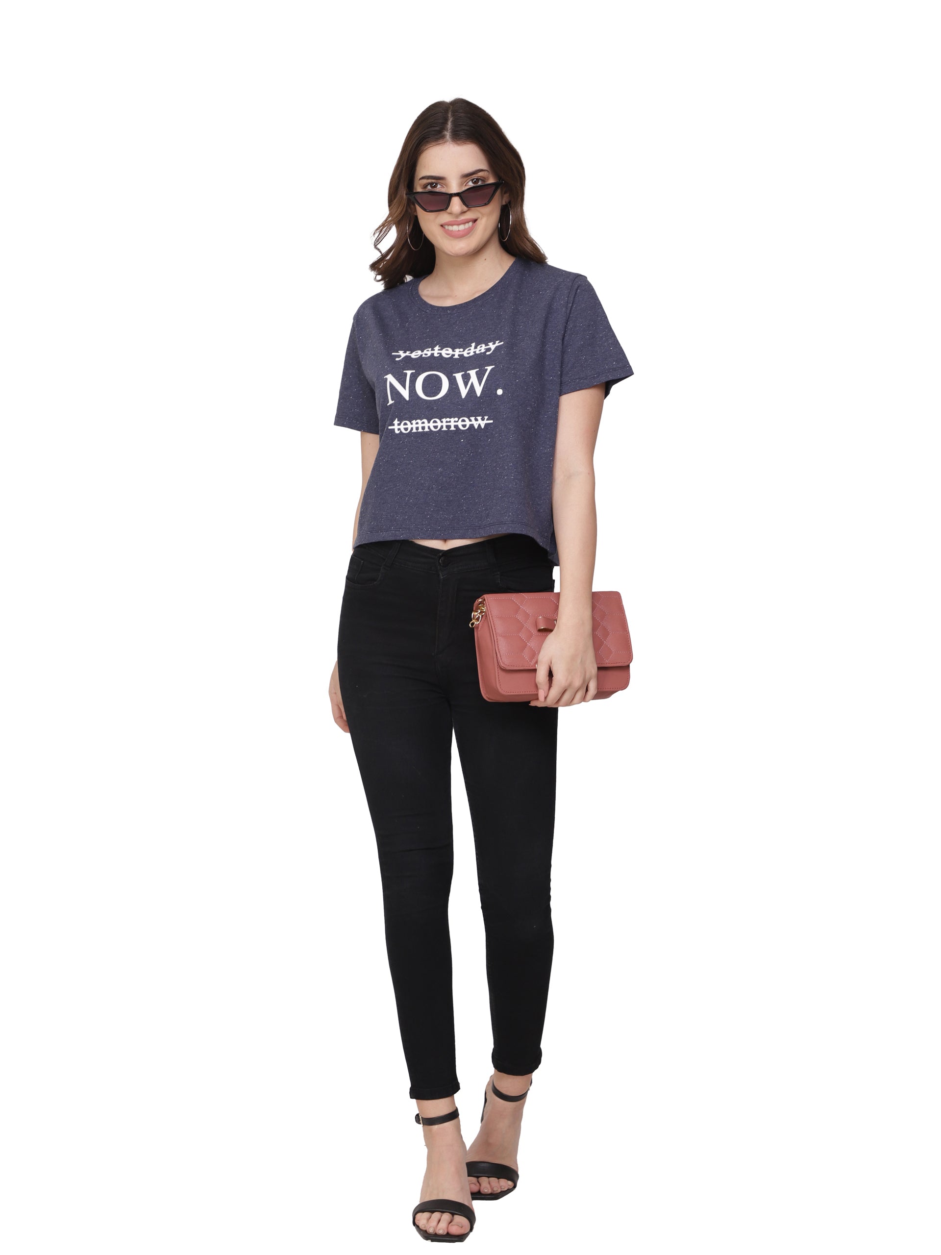 Women Navy Blue Crop T-shirt