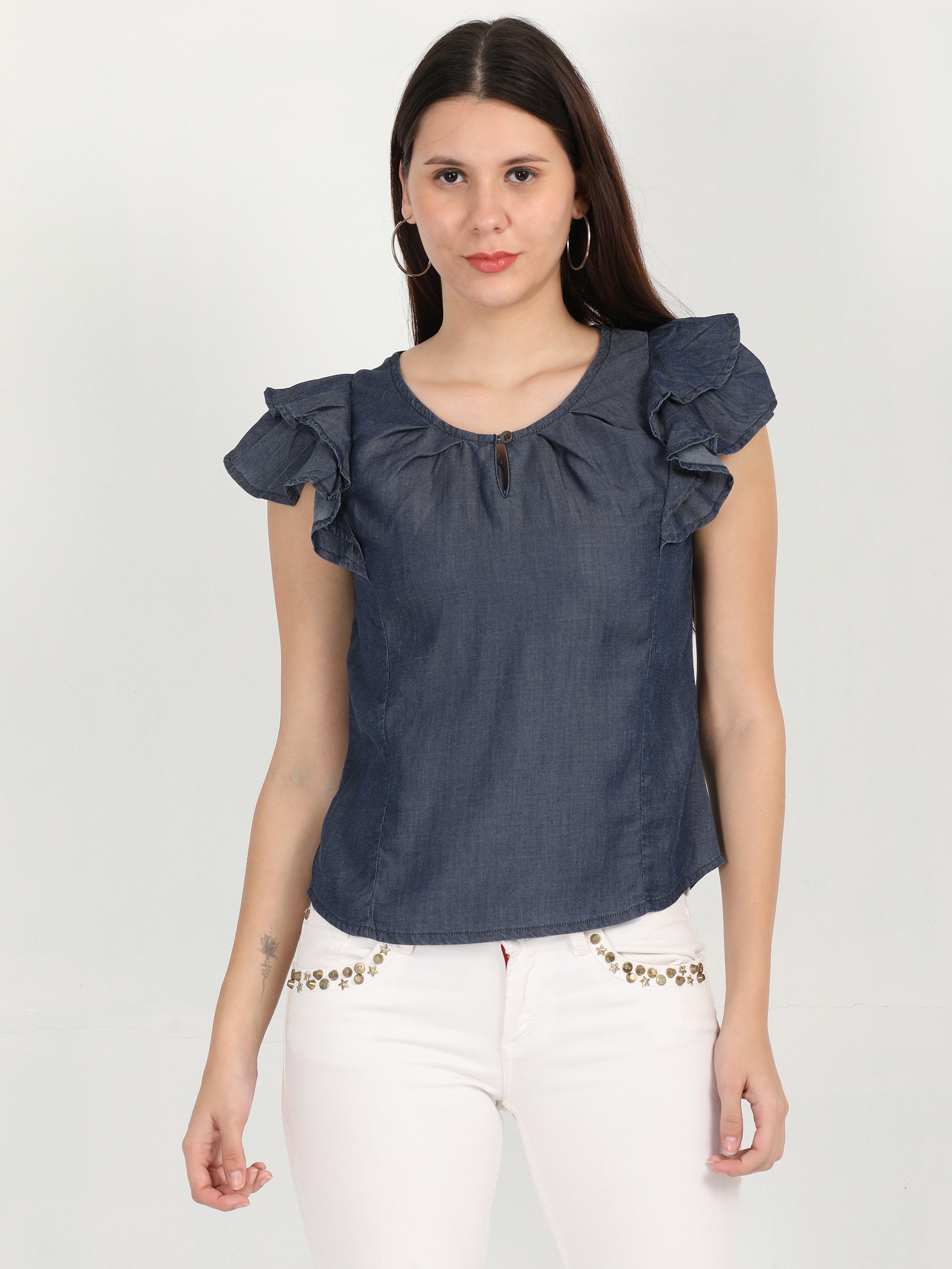 Round neck flounced denim top