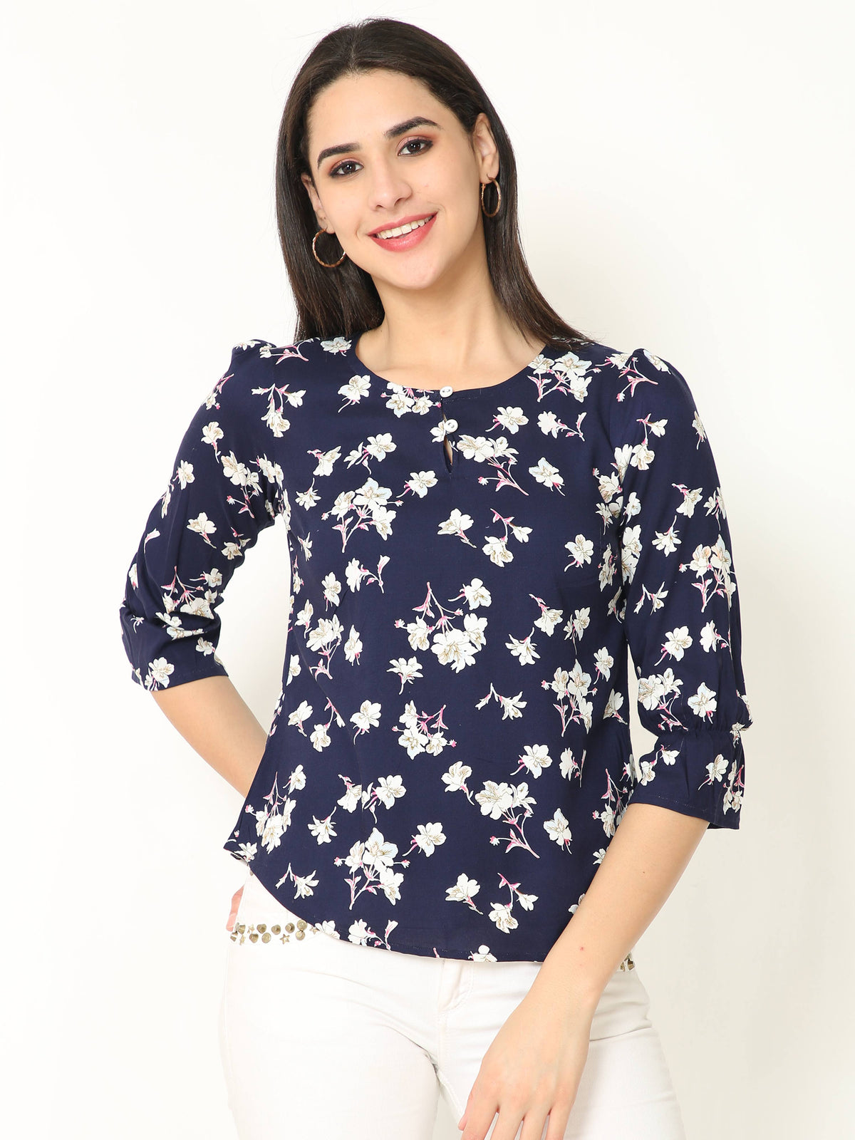 Floral Print Navy Blue Casual Top