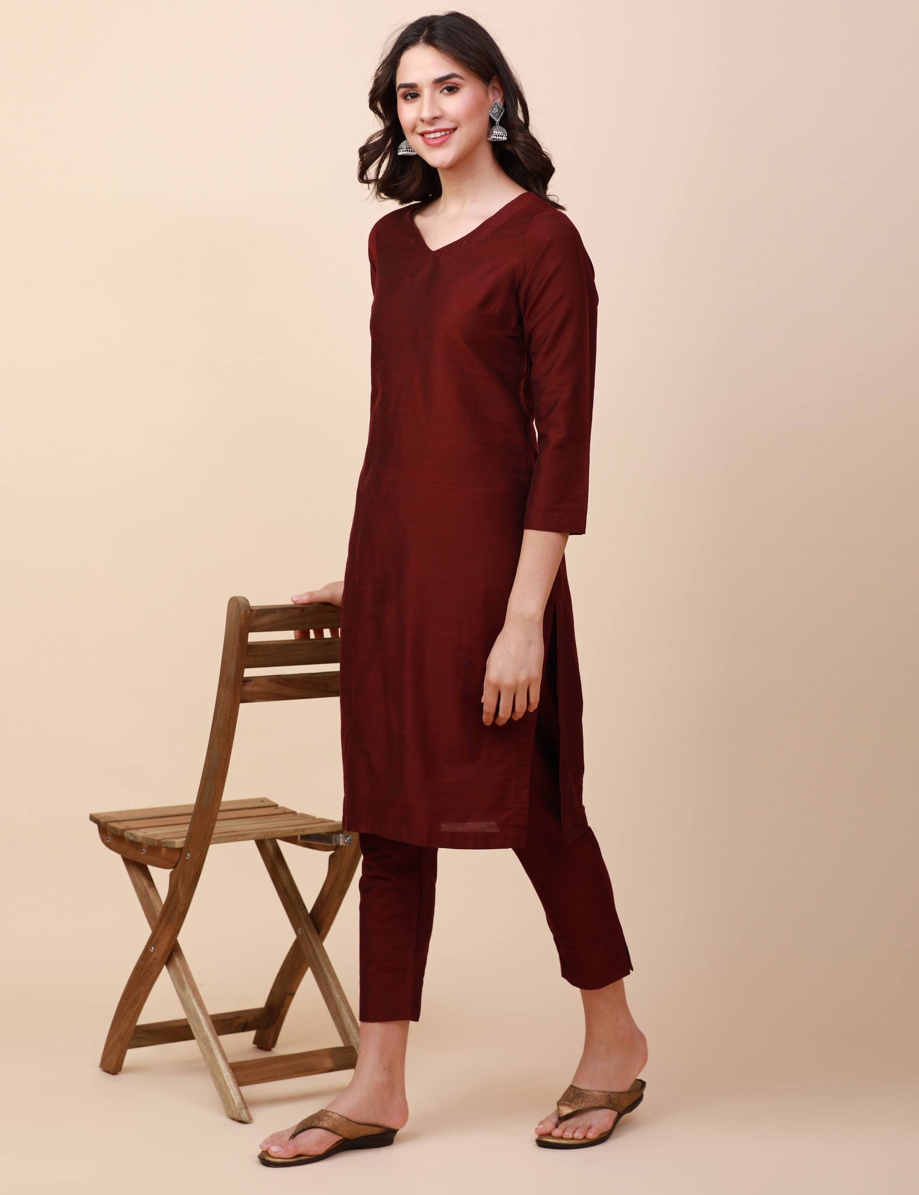 Burgundy Red Color 3Ply Pure Silk Kurti with Dual Tone Texture | Ritz  Fashion Trendz