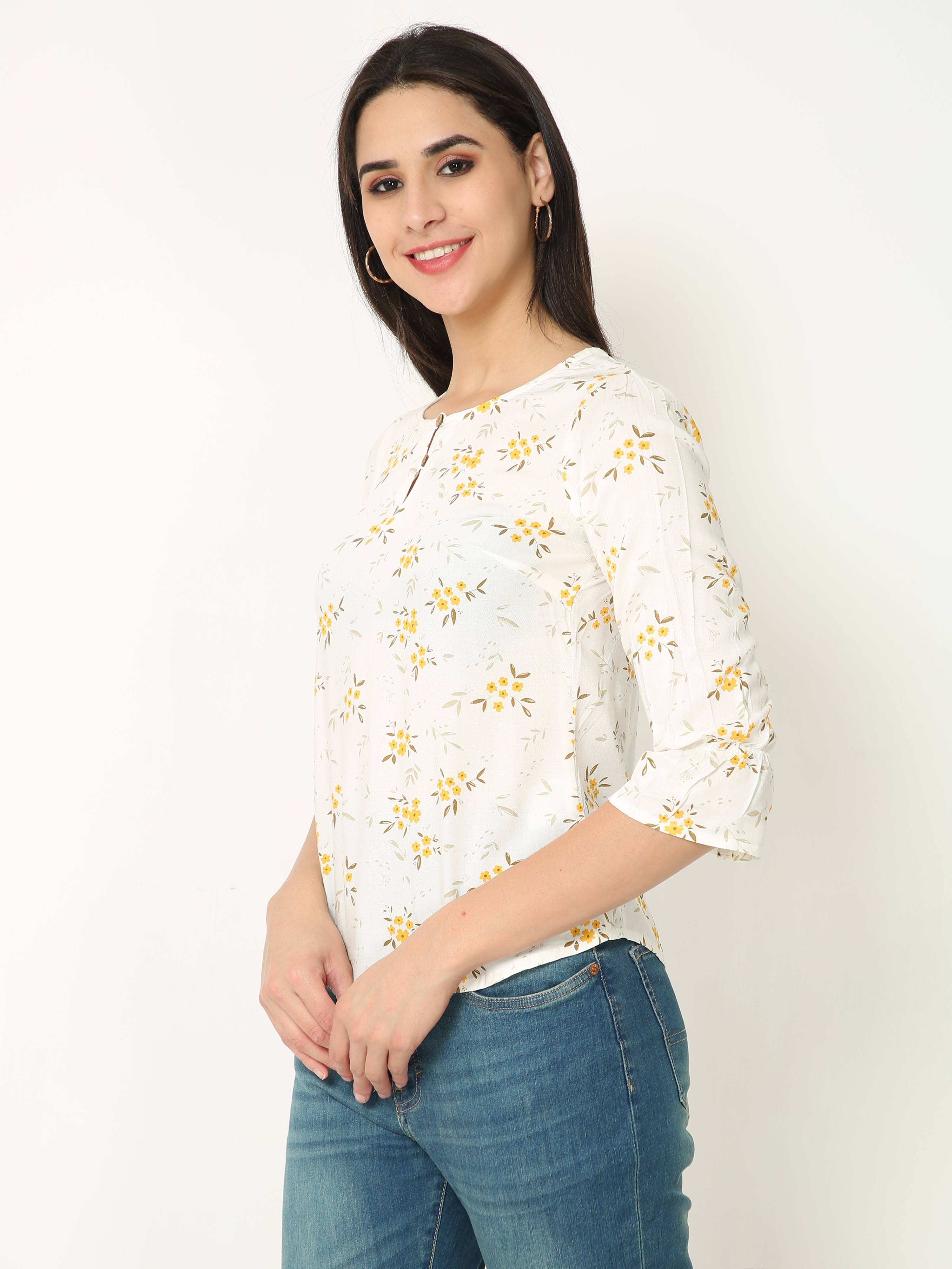 Floral Print White Casual Top