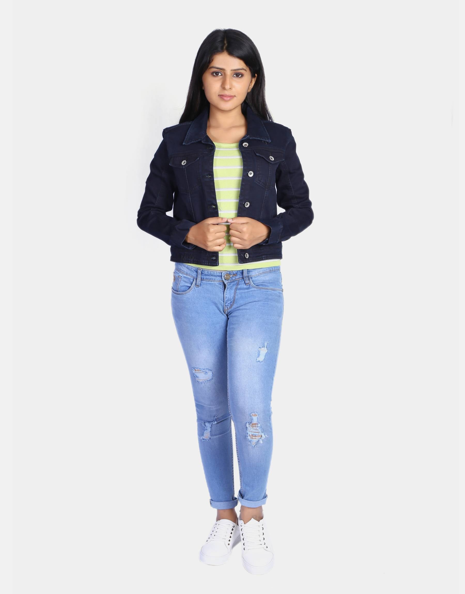 Women Dark Blue Solid  Denim Jacket